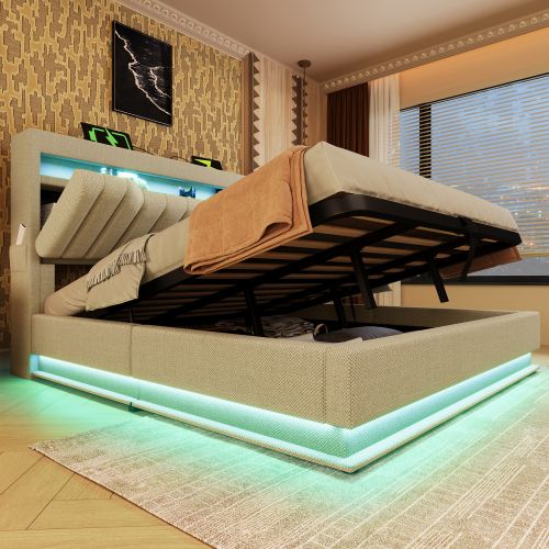 Lit Coffre 160x200 Cm, Lit Adulte Avec LED, Port De Charge, Des Rangements, Beige