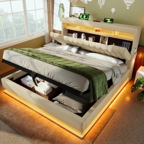 Lit Coffre 160x200 Cm, Lit Adulte Avec LED, Port De Charge, Des Rangements, Beige