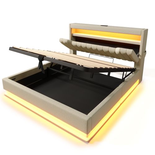 Lit Coffre 160x200 Cm, Lit Adulte Avec LED, Port De Charge, Des Rangements, Beige