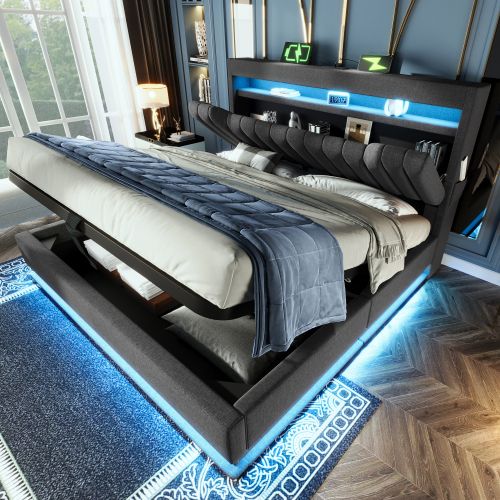 Lit Coffre 160x200 Cm, Lit Adulte Avec LED, Port De Charge, Lit Avec Rangement, Gris