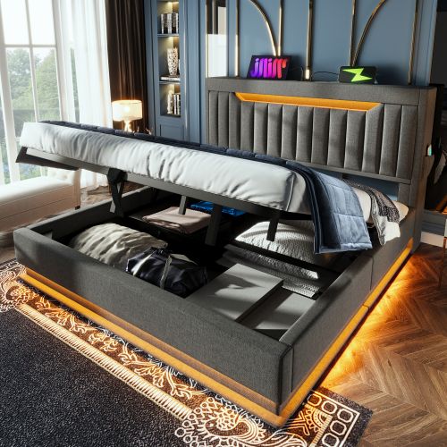 Lit Coffre 160x200 Cm, Lit Adulte Avec LED, Port De Charge, Lit Avec Rangement, Gris