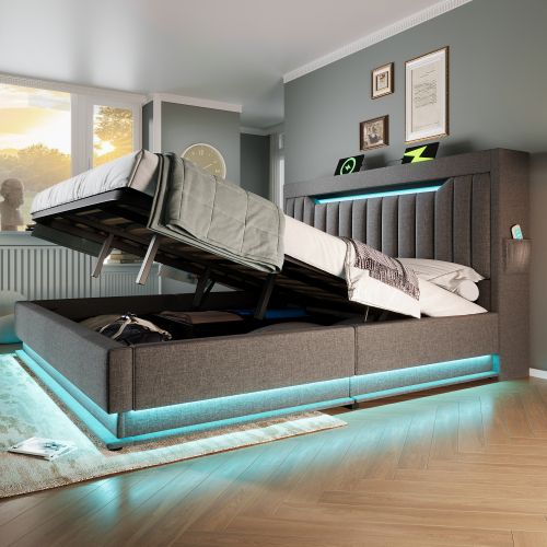 Lit Coffre 160x200 Cm, Lit Adulte Avec LED, Port De Charge, Lit Avec Rangement, Gris