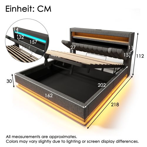 Lit Coffre 160x200 Cm, Lit Adulte Avec LED, Port De Charge, Lit Avec Rangement, Gris