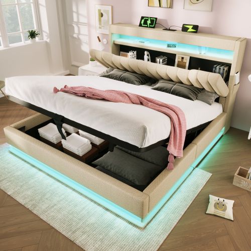 Lit Coffre 180x200 Cm, Lit Adulte Avec LED, Port De Charge, Des Rangements, Beige