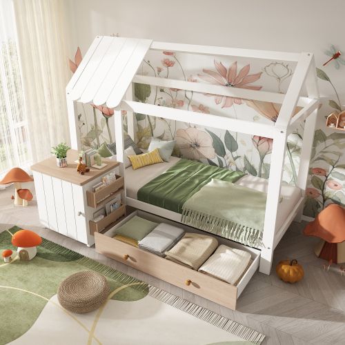 Lit Cabane 90x200 Cm, lit Enfant Avec grand tiroir Et Table De Chevet Amovible, En Bois, Blanc
