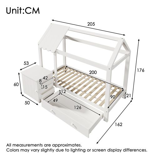 Lit Cabane Enfant 90x200 Cm Avec Tiroir Et Table De Chevet avec porte, En Bois, Blanc