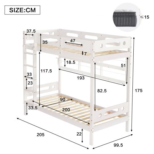 Lit Superposé Enfant 90x200 Cm Avec 2 Étagères Ouvertes, Échelle à 5 Marches, Blanc