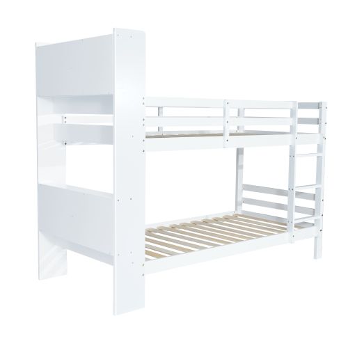 Lit Superposé Enfant 90x200 Cm Avec 4 Rangments Ouverts Et Échelle à 3 Marches, En Bois, Blanc