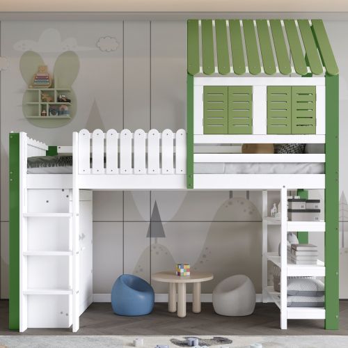 Lit Mezzanine Enfant 90x200 Cm Avec Garde-robe, 3 Étagères De Rangement Ouverte, Blanc Et Vert