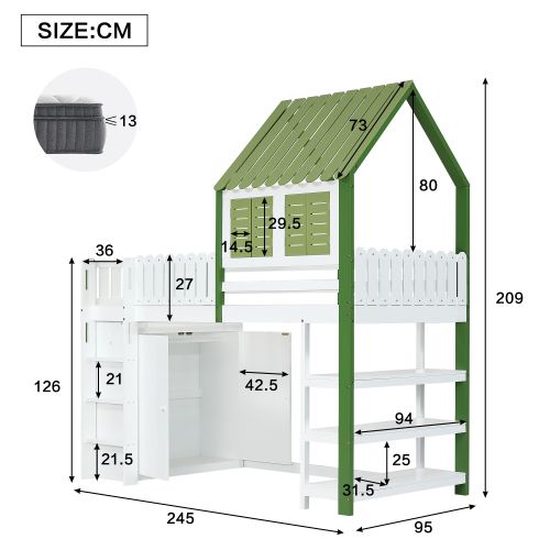Lit Mezzanine Enfant 90x200 Cm Avec Garde-robe, 3 Étagères De Rangement Ouverte, Blanc Et Vert