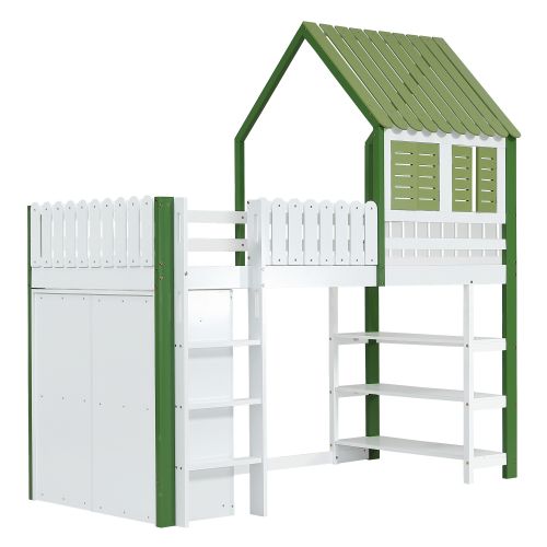 Lit Mezzanine Enfant 90x200 Cm Avec Garde-robe, 3 Étagères De Rangement Ouverte, Blanc Et Vert