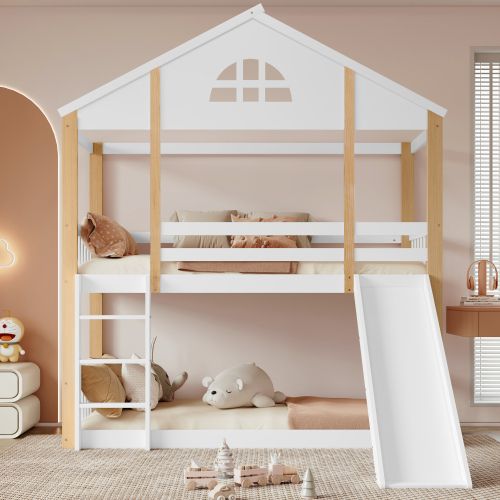 Lit Superposé Enfant 90x200 Cm Avec Fenêtres Et Échelle à 3 Marches, Toboggan, En Bois, Blanc
