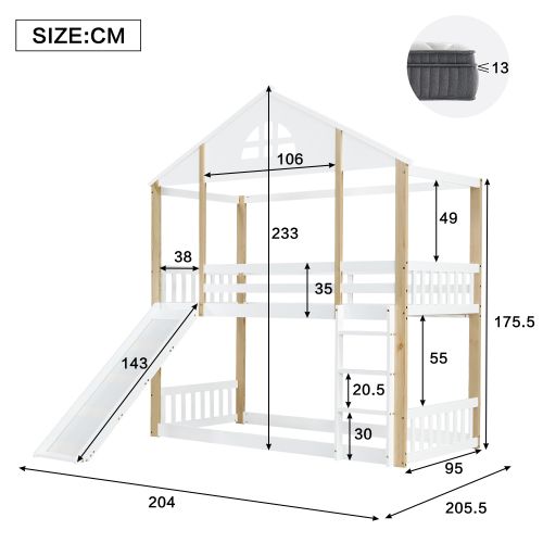 Lit Superposé Enfant 90x200 Cm Avec Fenêtres Et Échelle à 3 Marches, Toboggan, En Bois, Blanc