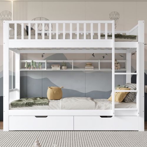 Lit Superposé 90x200 Cm, Lit Enfant Avec Échelle à 3 Marches, Étagère Et 2 Tiroirs, En Bois, Blanc
