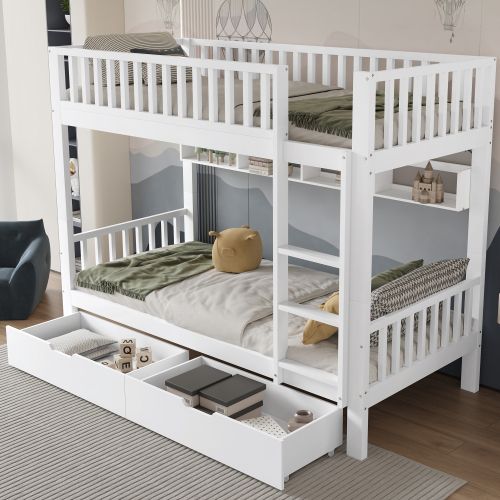 Lit Superposé 90x200 Cm, Lit Enfant Avec Échelle à 3 Marches, Étagère Et 2 Tiroirs, En Bois, Blanc