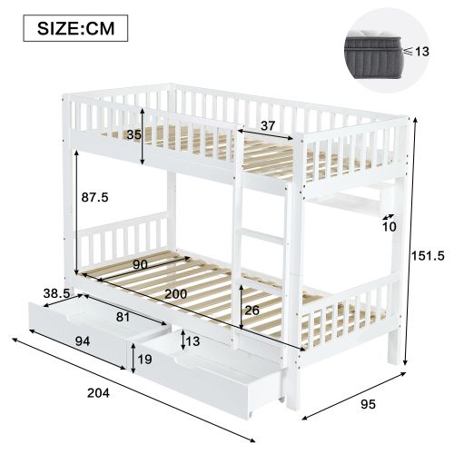 Lit Superposé 90x200 Cm, Lit Enfant Avec Échelle à 3 Marches, Étagère Et 2 Tiroirs, En Bois, Blanc