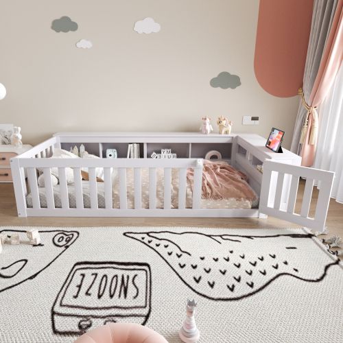 Lit Enfant 90x200 Cm, Cadre De Lit Avec Des Compartiments De Rangement, Avec Porte, En Bois, Blanc