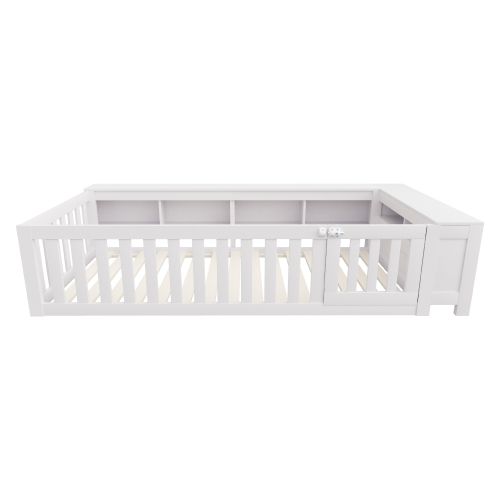 Lit Enfant 90x200 Cm, Cadre De Lit Avec Des Compartiments De Rangement, Avec Porte, En Bois, Blanc