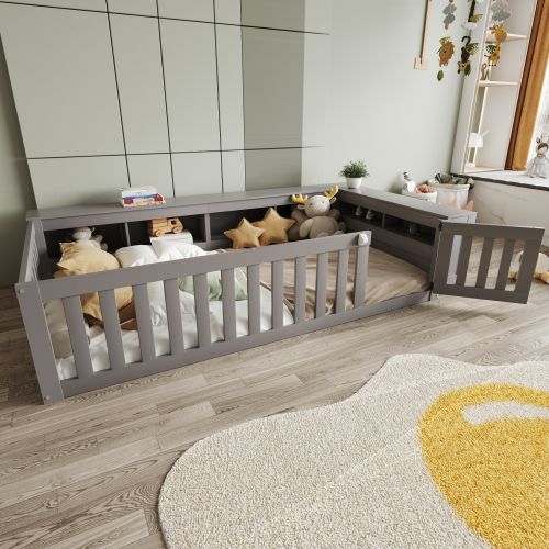 Lit Enfant 90x200 Cm Avec Des Compartiments De Rangement, Avec Porte, En Bois, Gris