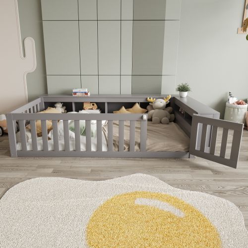 Lit Enfant 90x200 Cm Avec Des Compartiments De Rangement, Avec Porte, En Bois, Gris