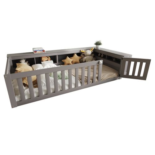Lit Enfant 90x200 Cm Avec Des Compartiments De Rangement, Avec Porte, En Bois, Gris