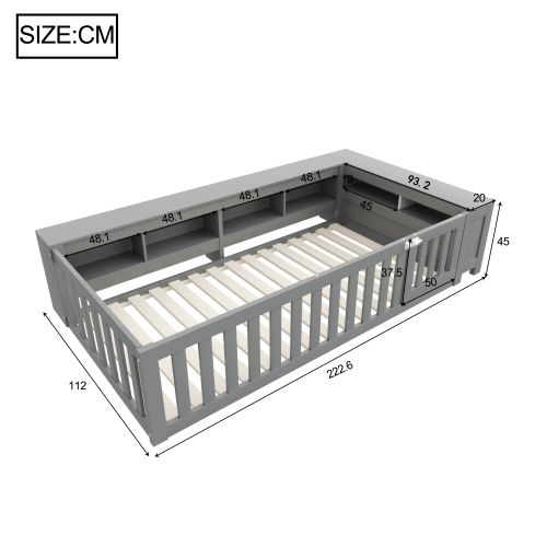 Lit Enfant 90x200 Cm Avec Des Compartiments De Rangement, Avec Porte, En Bois, Gris