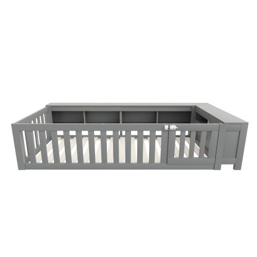 Lit Enfant 90x200 Cm Avec Des Compartiments De Rangement, Avec Porte, En Bois, Gris