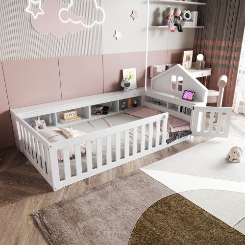 Lit Enfant 90x200 Cm Avec Compartiment De Rangement Et Porte, En Bois, Blanc