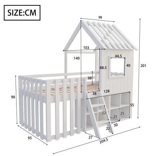 Lit Cabane Enfant 90x200 Cm Avec Toit, Fenêtre, Rangement Ouvert, Échelle, Blanc