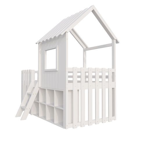 Lit Cabane Enfant 90x200 Cm Avec Toit, Fenêtre, Rangement Ouvert, Échelle, Blanc