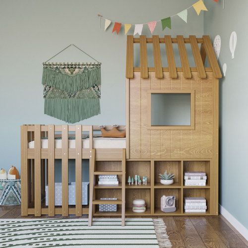 Lit Cabane Enfant 90x200 Cm Avec Toit, Fenêtre, Rangement Ouvert, Échelle, Bois