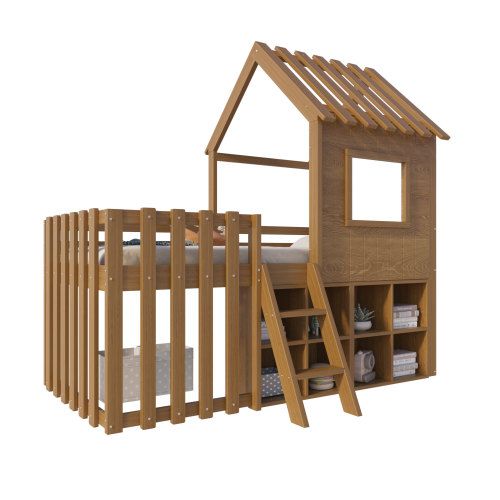 Lit Cabane Enfant 90x200 Cm Avec Toit, Fenêtre, Rangement Ouvert, Échelle, Bois