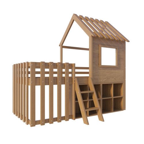 Lit Cabane Enfant 90x200 Cm Avec Toit, Fenêtre, Rangement Ouvert, Échelle, Bois