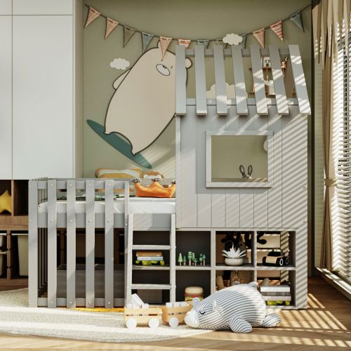 Lit Cabane Enfant 90x200 Cm Avec Toit, Fenêtre, Rangement Ouvert, Échelle, Gris