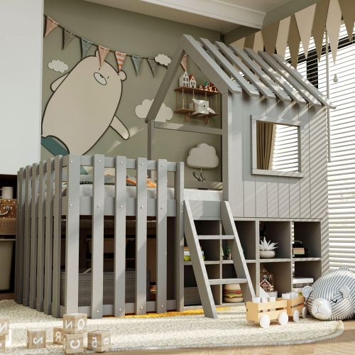 Lit Cabane Enfant 90x200 Cm Avec Toit, Fenêtre, Rangement Ouvert, Échelle, Gris