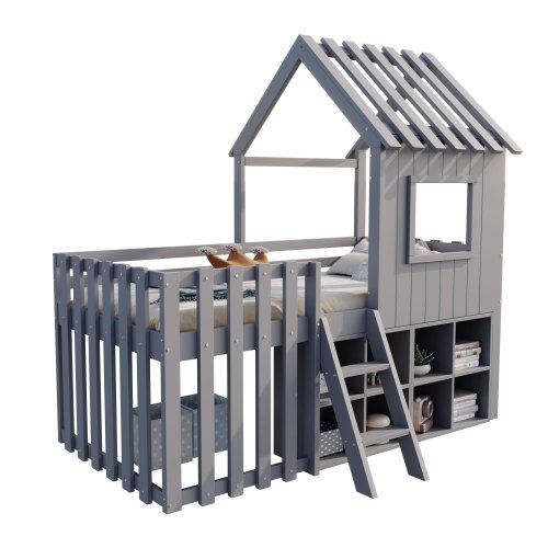 Lit Cabane Enfant 90x200 Cm Avec Toit, Fenêtre, Rangement Ouvert, Échelle, Gris
