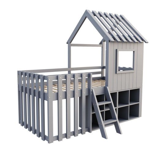 Lit Cabane Enfant 90x200 Cm Avec Toit, Fenêtre, Rangement Ouvert, Échelle, Gris