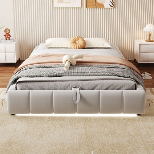 Lit Coffre 140x200 Cm, Lit Adulte 140x200 Cm Avec Éclairage LED, Sans Tête De Lit, Beige