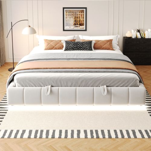 Lit Coffre 180x200 Cm, Lit Adulte 180x200 Cm Avec Éclairage LED, Sans Tête De Lit, Beige