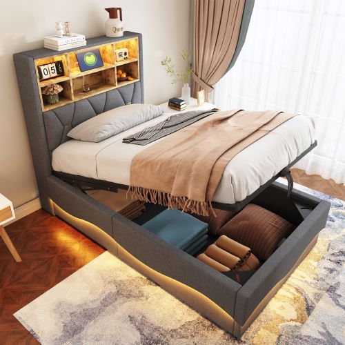 Lit Coffre 90x200 Cm, Lit Enfant 90x200 Cm, Avec Tête De Lit De Rangement, LED, USB, Gris