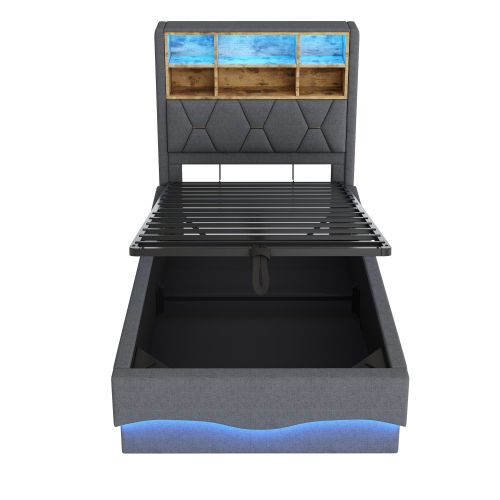 Lit Coffre 90x200 Cm, Lit Enfant 90x200 Cm, Avec Tête De Lit De Rangement, LED, USB, Gris