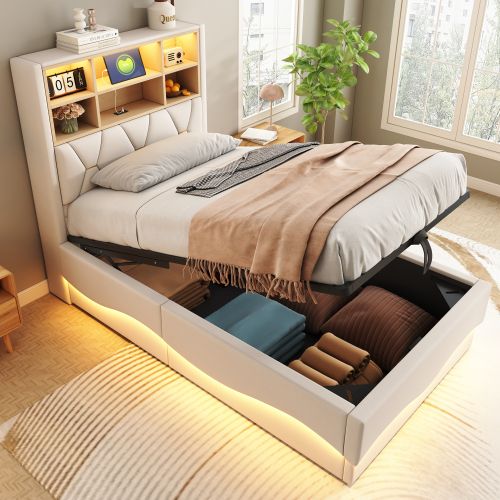 Lit Coffre 90x200 Cm, Lit Enfant 90x200 Cm, Avec Tête De Lit De Rangement, LED, USB, Beige