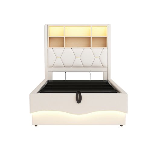 Lit Coffre 90x200 Cm, Lit Enfant 90x200 Cm, Avec Tête De Lit De Rangement, LED, USB, Beige
