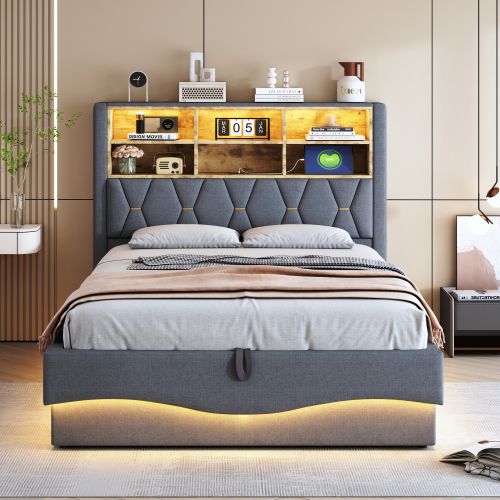 Lit Coffre 140x200 Cm, Lit Adulte Avec Tête De Lit De Rangement, LED, Port De Charge USB, Gris