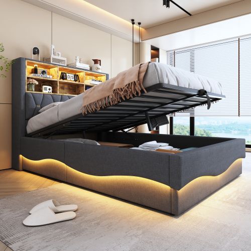 Lit Coffre 140x200 Cm, Lit Adulte Avec Tête De Lit De Rangement, LED, Port De Charge USB, Gris