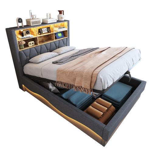 Lit Coffre 140x200 Cm, Lit Adulte Avec Tête De Lit De Rangement, LED, Port De Charge USB, Gris
