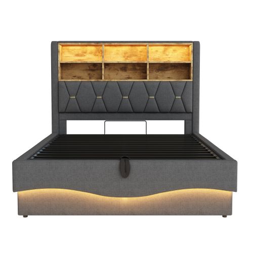 Lit Coffre 140x200 Cm, Lit Adulte Avec Tête De Lit De Rangement, LED, Port De Charge USB, Gris
