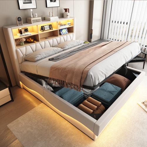 Lit Coffre 180x200 Cm, Lit Adulte Avec Tête De Lit De Rangement, LED, Port De Charge USB, Beige