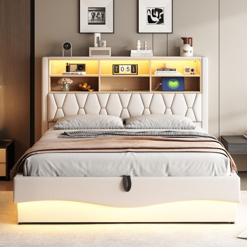 Lit Coffre 180x200 Cm, Lit Adulte Avec Tête De Lit De Rangement, LED, Port De Charge USB, Beige