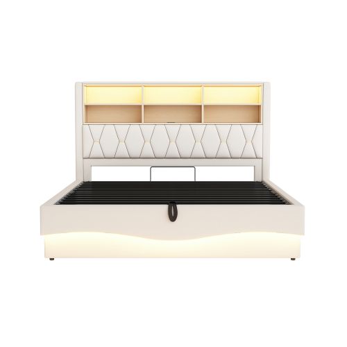 Lit Coffre 180x200 Cm, Lit Adulte Avec Tête De Lit De Rangement, LED, Port De Charge USB, Beige
